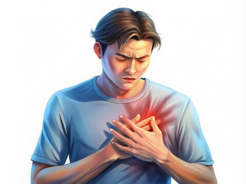An illustration of a young man experiencing chest pain, depicted in a blue shirt. The image serves educational purposes, illustrating symptoms related to cardiac issues or heart discomfort.
