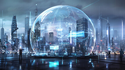 a futuristic cityscape encapsulated within a glowing, bubble-like shield