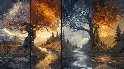 Senescence in the Seasons A depiction of a tree through the four seasons representing the life cycle of cells budding in spring birth flourishing in summer maturity fading in autum