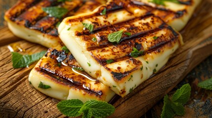 Delicious grilled halloumi cheese with fresh mint on wooden board