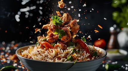 indian chicken biryani, Spicy chicken biryani food photography, flying food, . Generative Ai