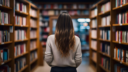 Rear view of a woman standing in front of a bookshelf searching for information in the library.