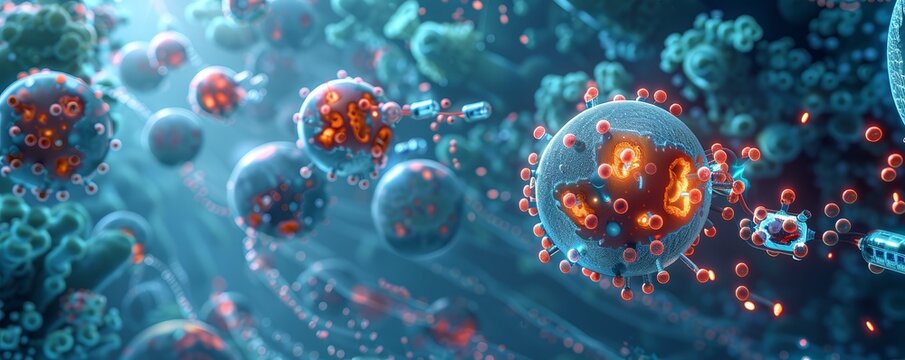 Senolytic  at Work A dynamic closeup image of senolytic drugs depicted as tiny robots or specialized molecules targeting and disintegrating senescent cells in the bloodstreamM