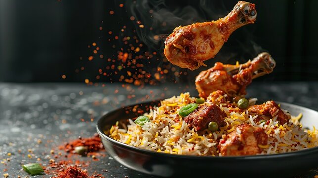 indian chicken biryani, Spicy chicken biryani food photography, flying food, . Generative Ai