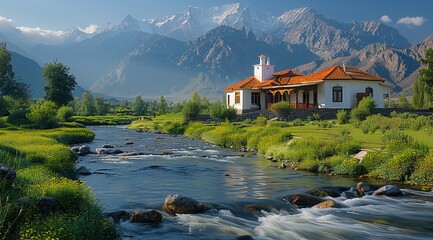 Naklejka premium A beautiful house in the middle of kashmiri village with green grass and river flowing, a red roofed white building on right side, dark mountains