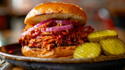 Juicy fried jackfruit sandwich with onion and pickles on a plate