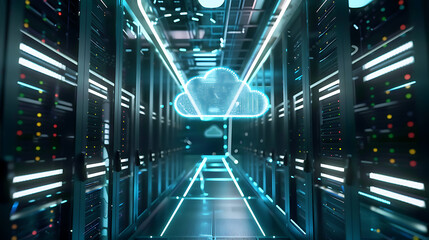 a futuristic and illuminated data center with a holographic cloud symbol at its center