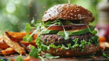 Gourmet vegan burger with avocado and spicy sweet potato Fries