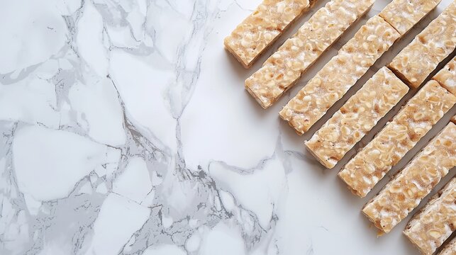 Tempting tempeh bars arranged on marble background