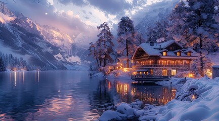 Fototapeta premium a beautiful house in the mountains with snow, river and moonlight, cozy atmosphere, photorealistic, high resolution --ar 128:71 --stylize 750 Job ID: 9d52cbdc-36df-41b2-834d-17b1695ee6f5