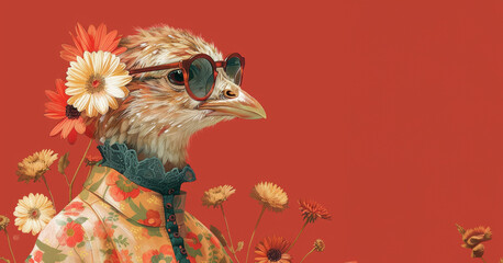 Stylish chicken with sunglasses and floral elements, Nice chicken in full figure seen in profile dressed in human clothes and a floral jacket, green clothes on a red background