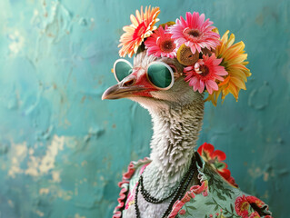 Floral fancy: portrait of a bird with flowers and sunglasses, Artistic illustration of a bird adorned with vibrant flowers and stylish sunglasses