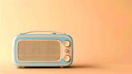 Retro blue radio on a soft peach background with minimalist style. Vintage electronic for classic music lovers. Nostalgic home decor element. AI