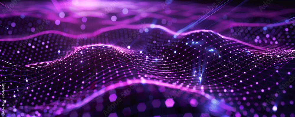 Wall mural dark purple mesh with glowing digital nodes, portraying encrypted data transfer in a secure network.