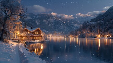 Fototapeta premium A beautiful house in the snow, next to it is an river and mountains with moonlight shining on them, photo realistic