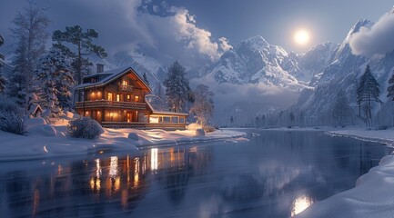 Obraz premium A beautiful house in the snow, next to it is an river and mountains with moonlight shining on them, photo realistic