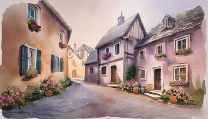 Fototapeta na wymiar watercolor painting of a little street with old houses