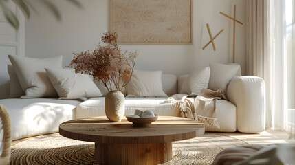 Round wood coffee table against the white sofa. Scandinavian home interior design