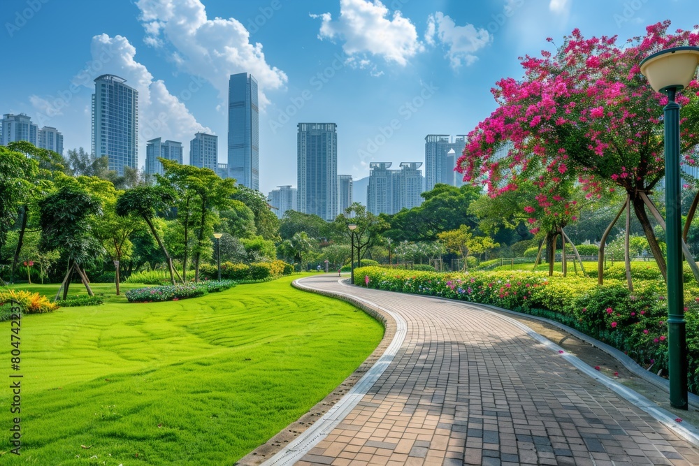 Wall mural the green space of the park features grass, flowers and trees on both sides of a curved brick road l