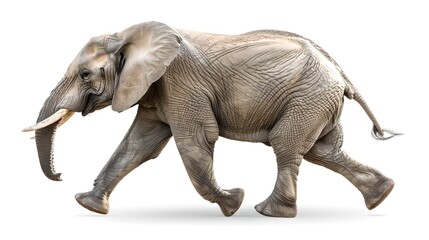 Fototapeta premium Graceful African Elephant on the Move. Isolated on White Background. Perfect for Educational Material and Nature Themes. Photo Stock Image. AI