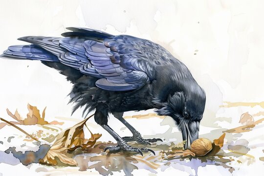 Watercolor of a very clever crow carefully prying open a nut with its beak.
