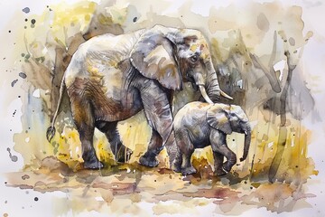 Watercolor of an elephant baby with its mother.