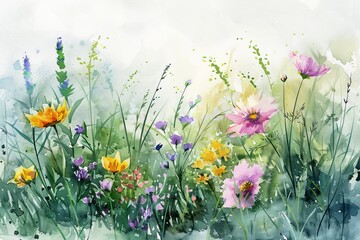 Watercolor of beautiful spring flowers on a meadow.