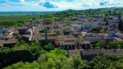 Drone images of Rivarone, a small village between plains and hills, Alessandria, Piedmont, Italy