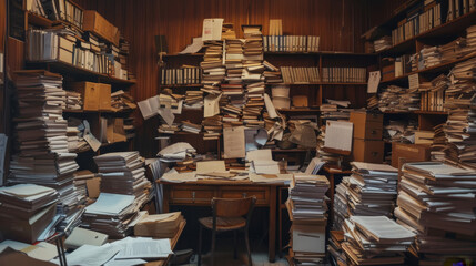 Fototapeta premium a room full of papers, an office with stacks and piles everywhere, a desk in the middle covered by paper and documents