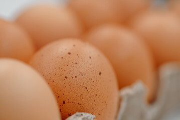 orange hen eggs lying in cardboard box, dozen eggs on white wooden background, selective focus