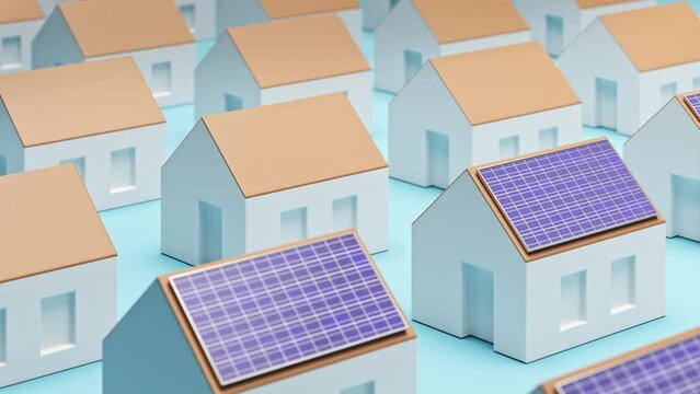 Accelerating renewable energy generation by volume production concept .
Solar panels being fitted onto model houses row after row. Seamlessly loopable video.