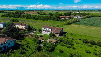Fototapeta na wymiar Drone images of Rivarone, a small village between plains and hills, Alessandria, Piedmont, Italy