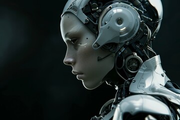 A highly detailed robotic figure with a blurred placeholder obscuring its head, set against a dark background