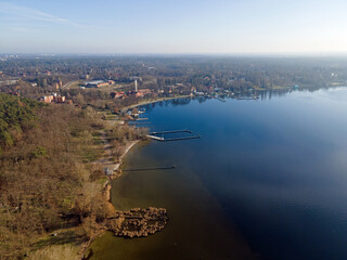Aerial landscape of Havel river Wannsee beach and Grunewald forest on a sunny day in Berlin