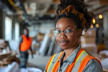 A black Woman in construction gear, vibrant safety vest, confident smile