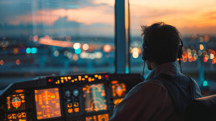 Air traffic controller working in the control tower at the airport, supervising flights of planes