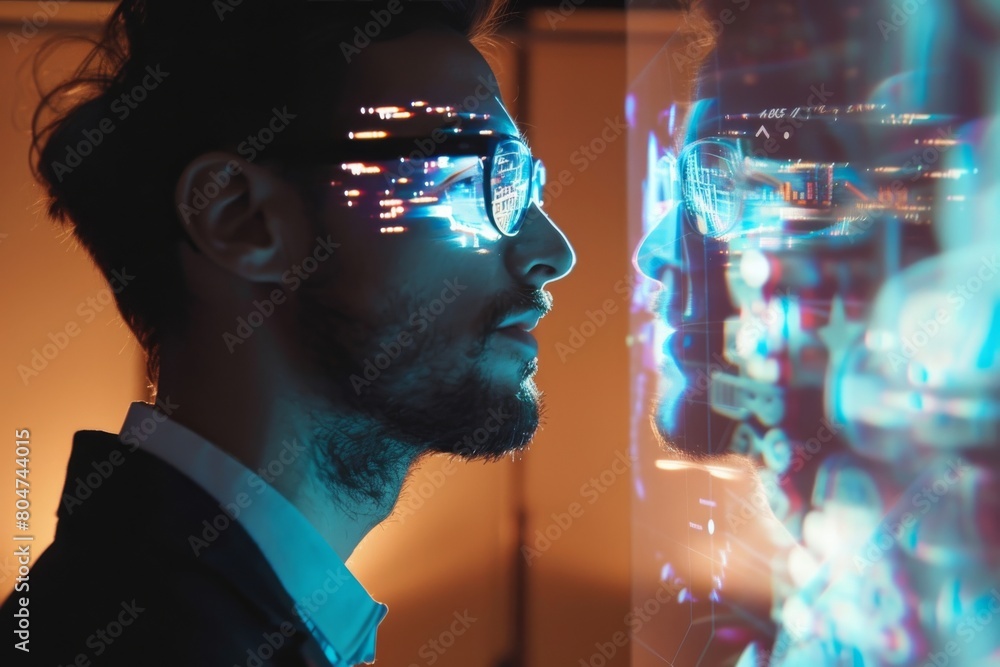 Poster a man with a holographic projection of technology interfaces in front of him