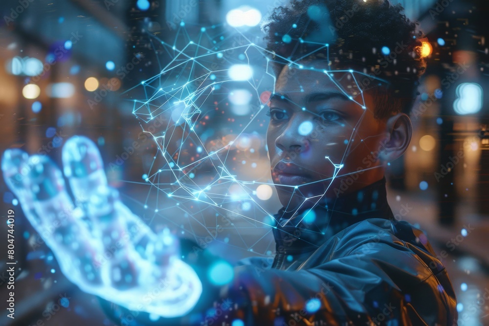 Poster a futuristic concept of a person interfacing with virtual reality icons and networks