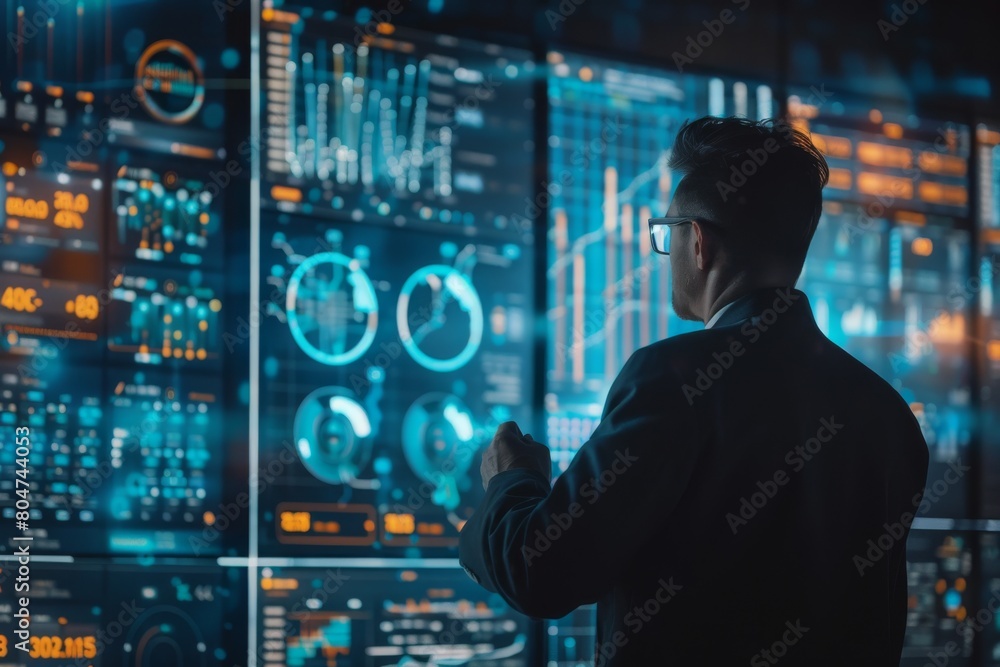 Poster man in glasses and suit analyzes data on advanced futuristic holographic display control panel