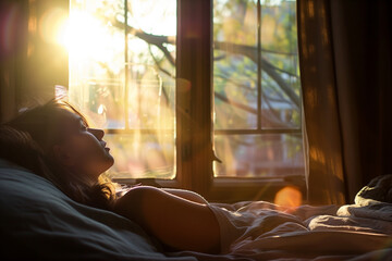 Beautiful woman relaxed under morning sun in bed