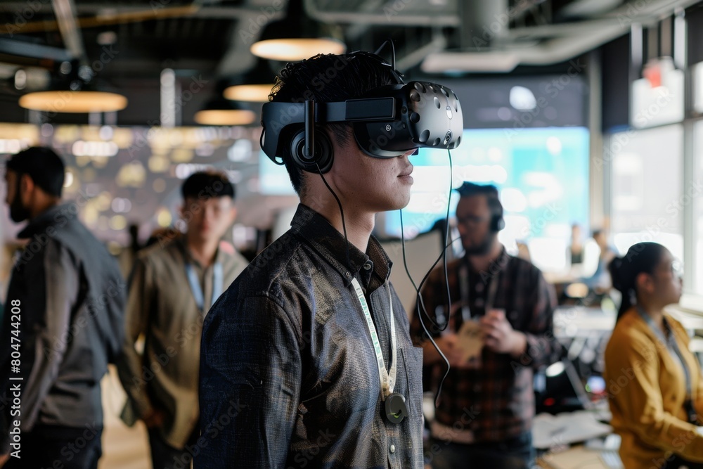 Poster a man immersed in a virtual reality experience stands out in a tech-driven space with a diverse grou