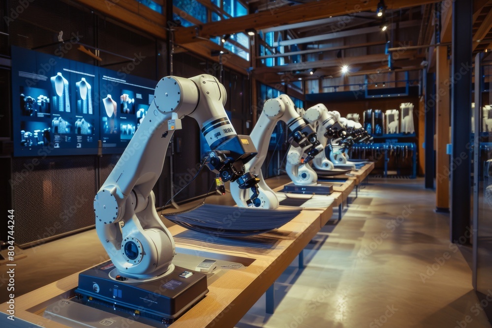 Poster a series of modern robotic arms lined up in a technology research laboratory for automated processes