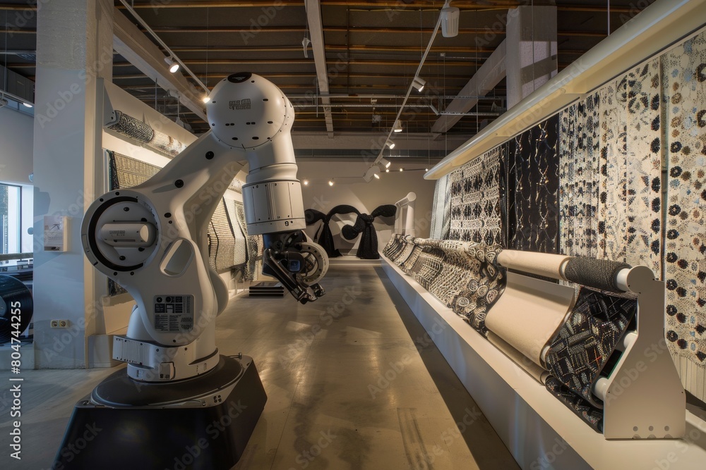 Poster automated robotic arm engaging in precise textile manipulation in a contemporary industrial setting