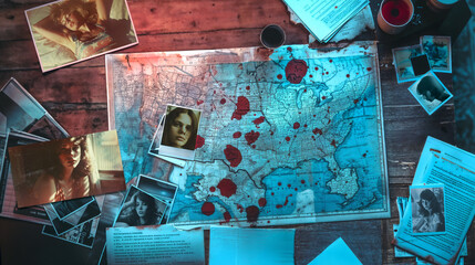 Hitman or hired killer's desk, with photographs of his victims: young women in vintage style, a map of the USA and blood splatters under the light of a lamp. Mystery and true crime background