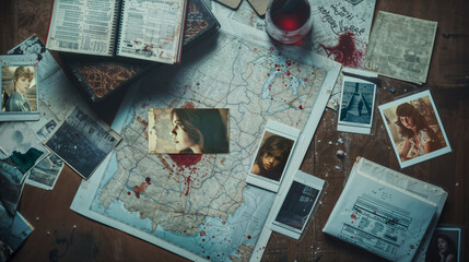 Disheveled desk, with photographs of young women, old papers, reports, and a blood-stained map, news, for a crime scene of a criminal psychopath. Creepy wallpaper of a police detective investigation.