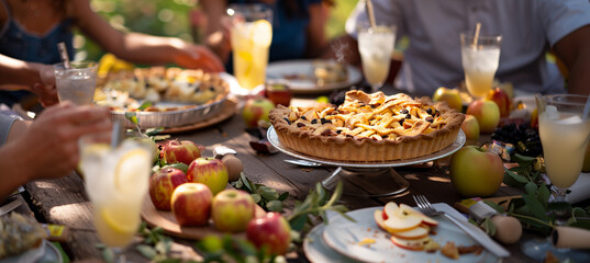 Obraz premium featuring a table laden with classic American cookout fare, including apple pie and lemonade, framed by soft-focus guests enjoying the meal, Memorial Day, Independence Day, with co