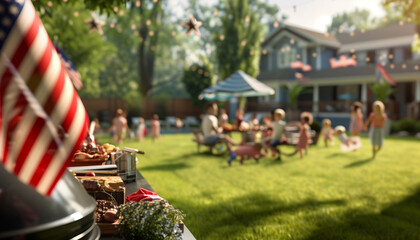 featuring a backyard filled with guests enjoying a Memorial Day barbecue, with American flags decorating the scene and children playing in the background, Memorial Day, Independenc