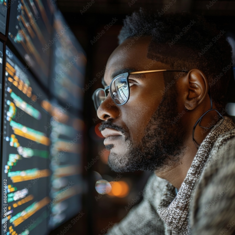 Poster an over-the-shoulder view of a professional working on a computer with multiple trading screens in a