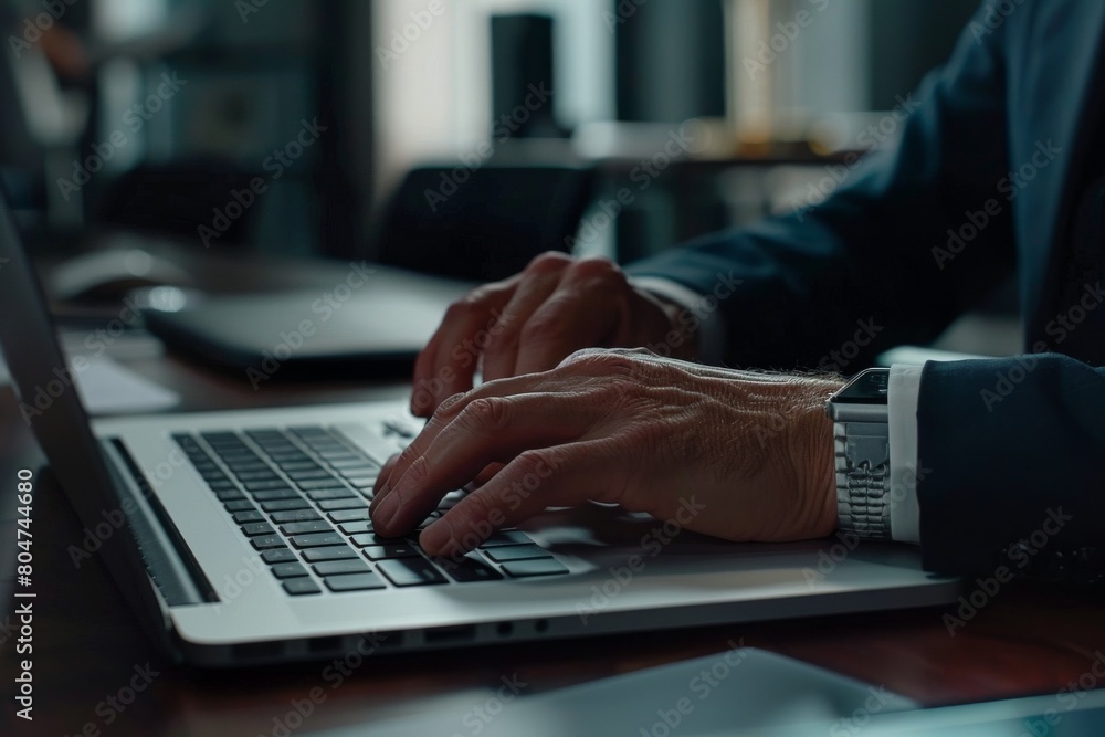 Poster an image capturing a close-up of a man's hands typing on a laptop keyboard, emphasizing work and tec