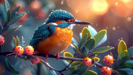 A colorful bird perched on the branch of an oak tree, with vibrant feathers and piercing eyes. Digital art illustration in the style of vector style,